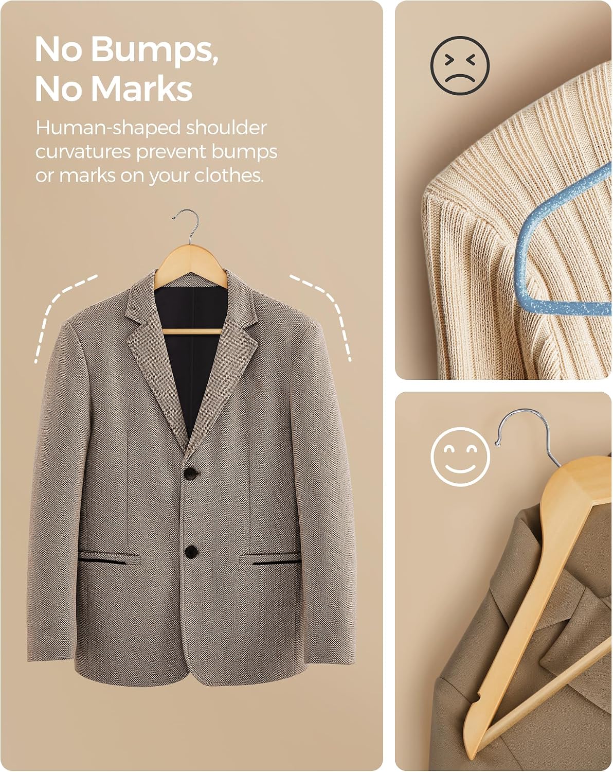 SONGMICS Wooden Hangers, 20-Pack Wood Hangers with Non-Slip Pants Bar