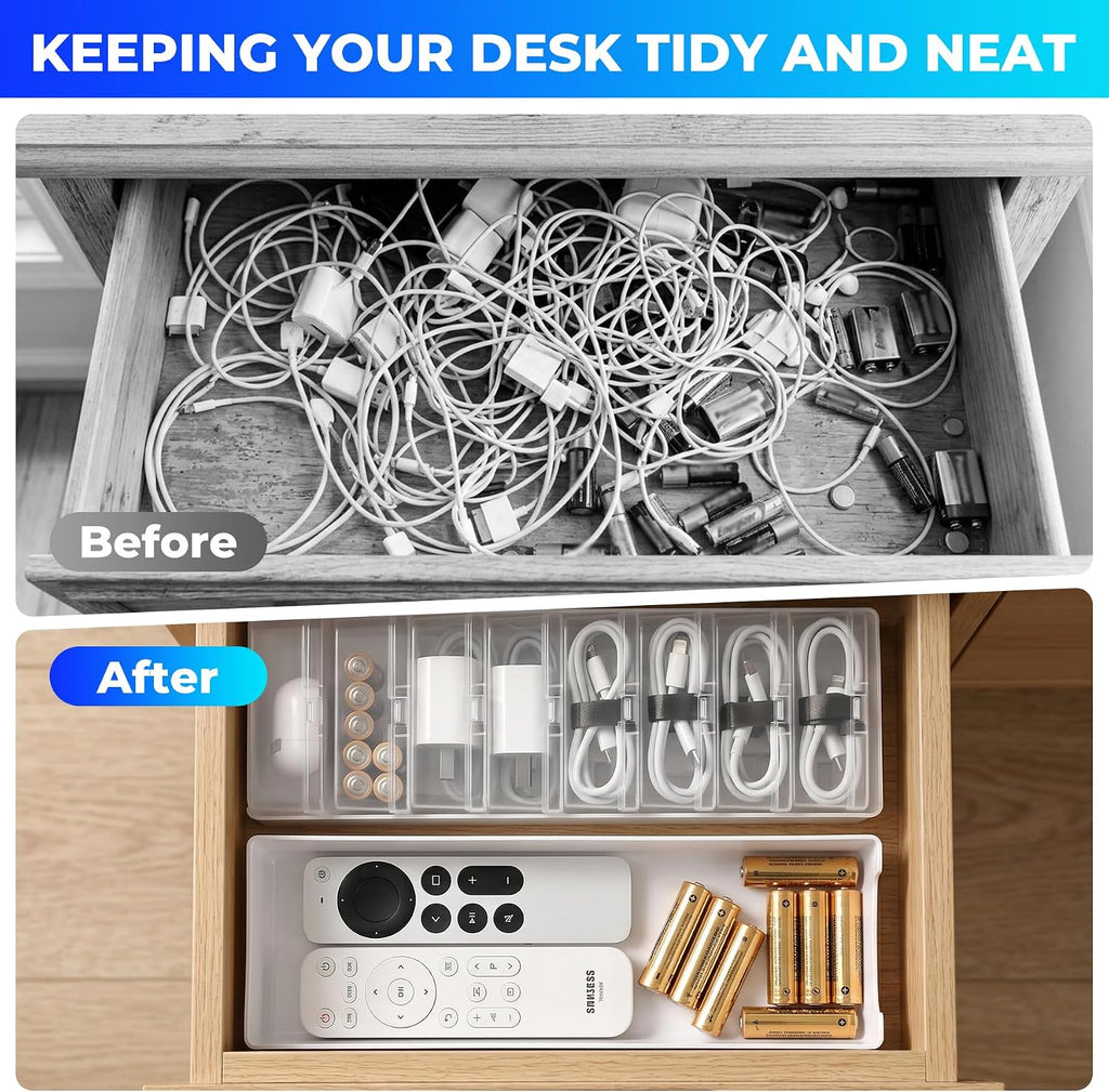 Cable Organizer Storage Box 8 Larger Case Cable Box with Cable Straps and Label Stickers, Travel Cord Organizer for Charging Cables, USB Wires, Earphones – Drawer Organization for Home & Office