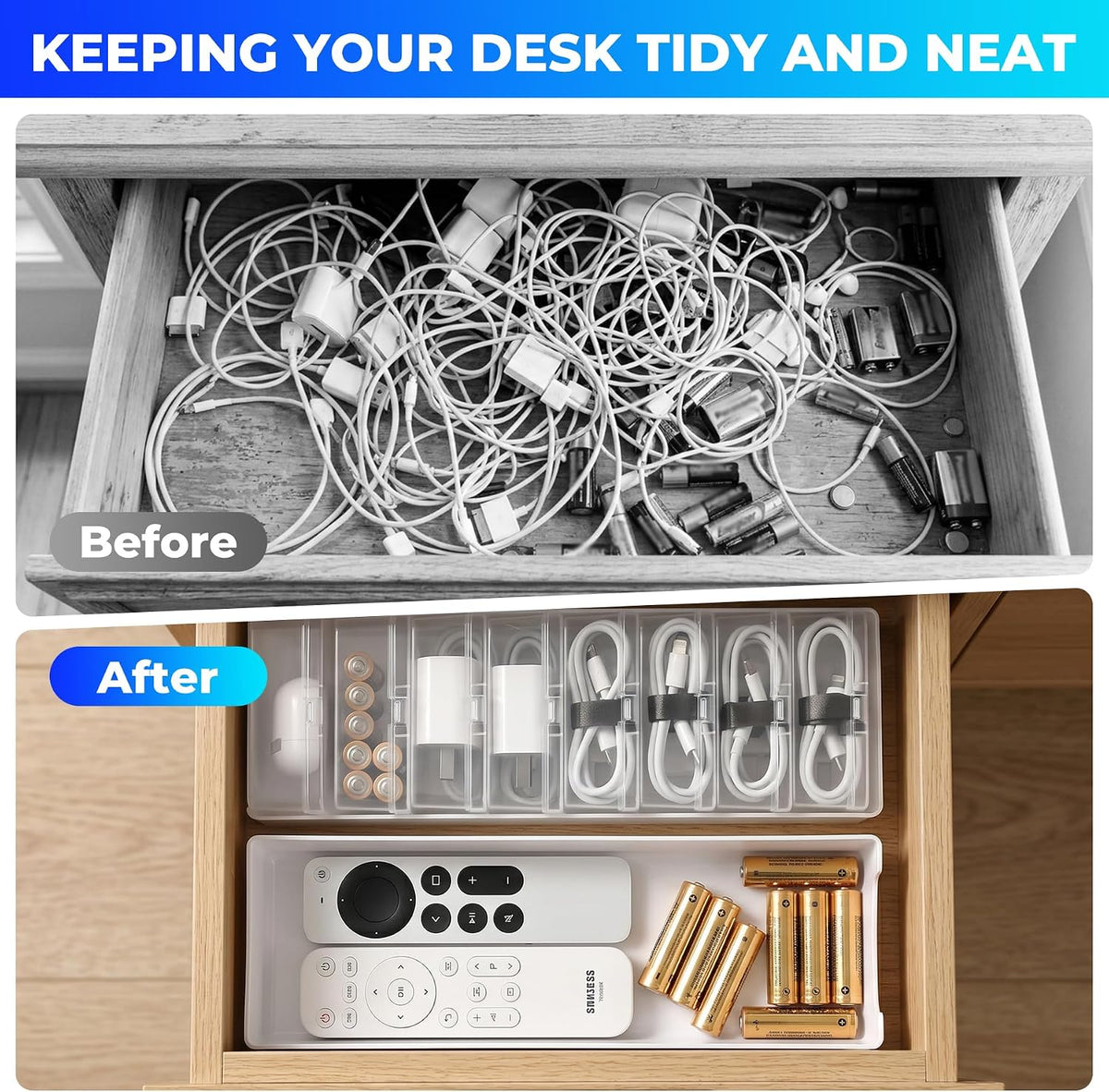 Large Cable Organizer Box with 16 Clear Switch Case, 2 Pack Clear Phone Charger Cable Organizer Box for Home Office Desk Accessories Wire Organization Stationery Supplies (white)