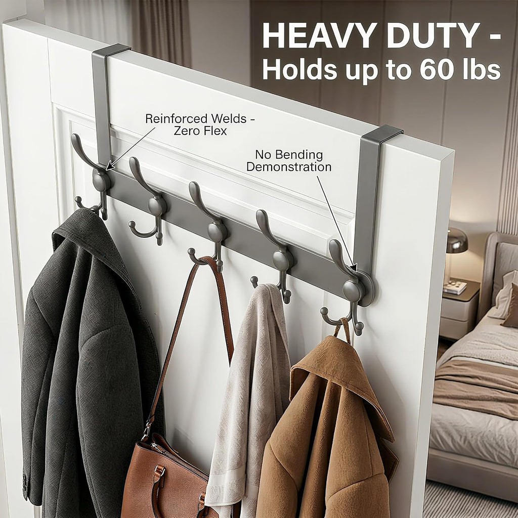Over The Door Hooks, Heavy Duty Door Hanger with 5 Tri-Hooks for Hanging Clothes, Coats, Towels, Matte Gray OTD Storage Rack, Fits Standard 1-3/4" Doors, 60 lbs Max