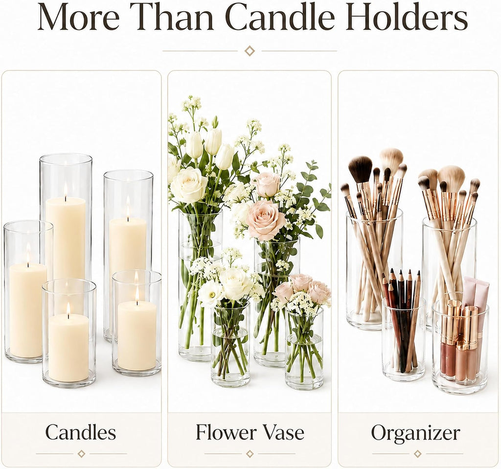 Set of 6 Pillar Candles with Clear Glass Hurricane Holders- Elegant Cylinder Candle Vases for Weddings, Parties, Centerpieces, Home & Office Decor (Lvory White, 6 Set)