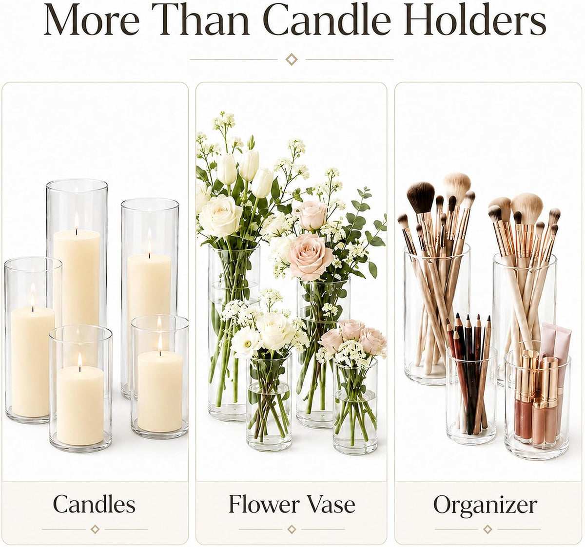 Set of 6 Pillar Candles with Clear Glass Hurricane Holders- Elegant Cylinder Candle Vases for Weddings, Parties, Centerpieces, Home & Office Decor (Lvory White, 6 Set)