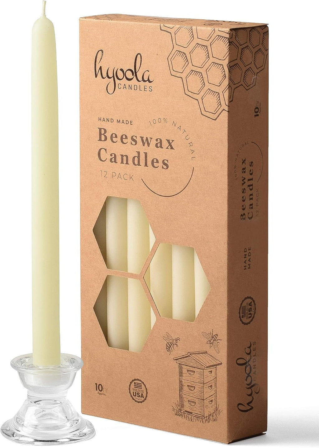 Hyoola 10" Beeswax Taper Candles 12 Pack - Handmade, All Natural, 100% Pure Unscented Bee Wax Candle - Tall, Decorative, White - 10 Hour Burn Time