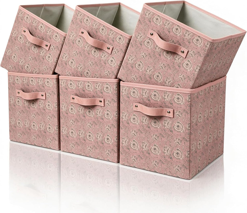 6 Pcs Pink Fabric Vintage Cube Storage Bins 11Inch Storage Basket with Handle, Linen Collapsible Fabric Box for Classroom Bedrooms Office Home Decoration (Pink and beige)