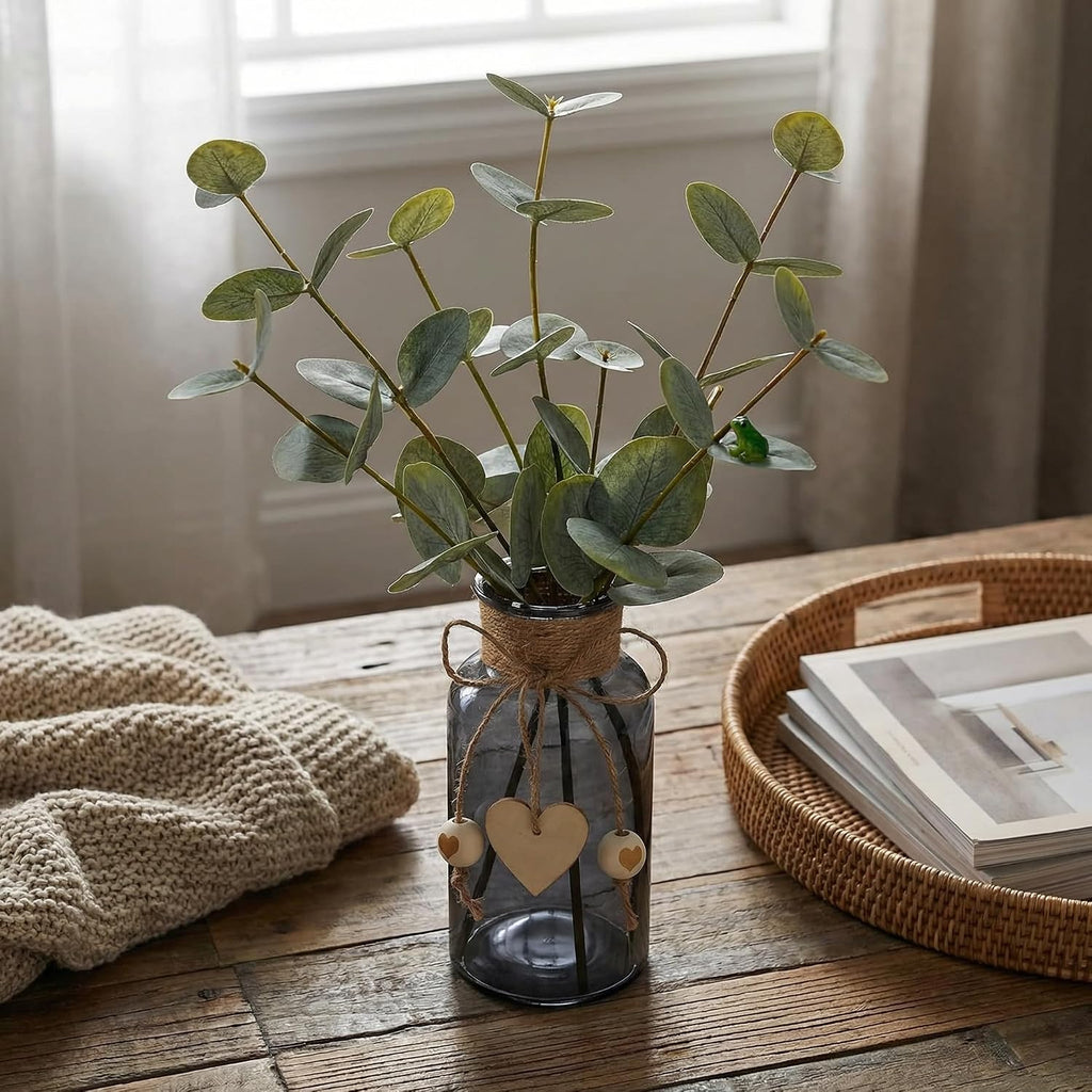 Artificial Eucalyptus Greenery Stems in Glass Vase,15" Doule Side 3D Fake Plants Eucalyptus Leaves faux Greenery for Centerpiece Table Decorations Home Room Decor office Desk Green Decor (Black)