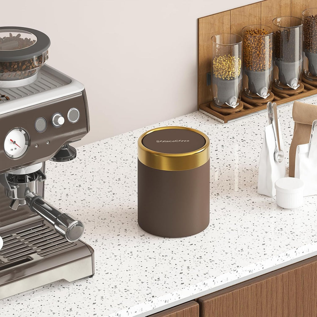 Countertop Trash Can with Lid for Desk Top,0.4 Gallon Stainless Steel Mini Trash Can for Desk、Car、Office、Kitchen,Swing Top Trash Bin with a Roll of Trash Bag(Brown)