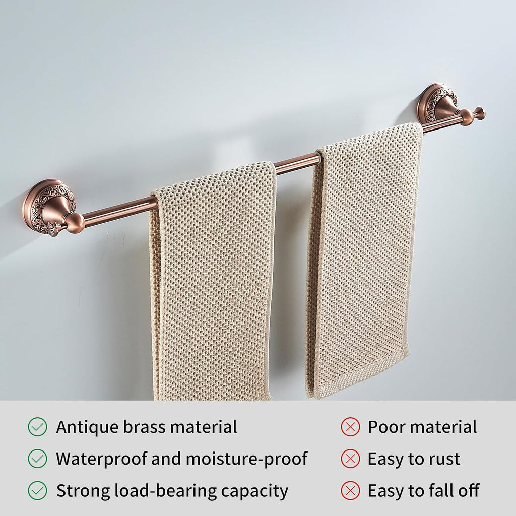 Red Copper Towel Bar, Adjustable 15.5 to 27.5 Inch Bath Towel Rack for Bathroom Towel Holder, Wall Mounted Black Bathroom Hardware Accessories,Pattern Carving Design