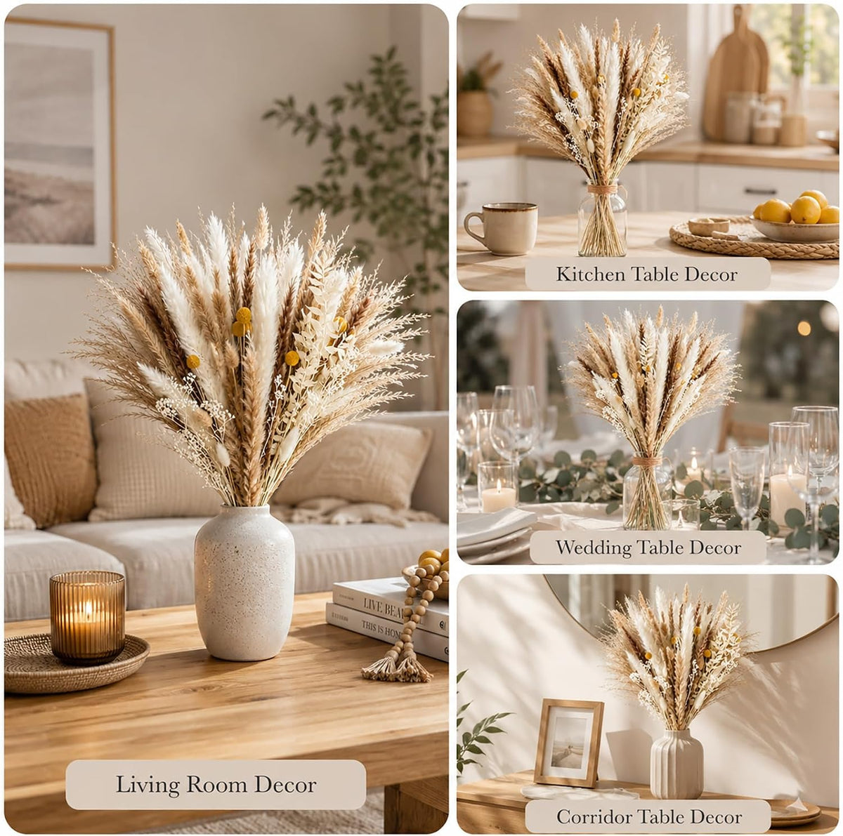 Dried Pampas Grass Bouquet, Phragmites Dried Flowers, Boho Rustic Floral Arrangement for Vase, Wedding Party Table Centerpiece, Farmhouse Modern Home Decor for Living Room Bedroom Office