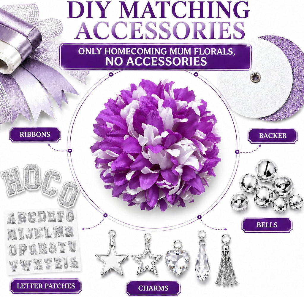 3Pcs Purple and White Homecoming Mum Flowers, 6.5Inch Artificial Mum Flower
