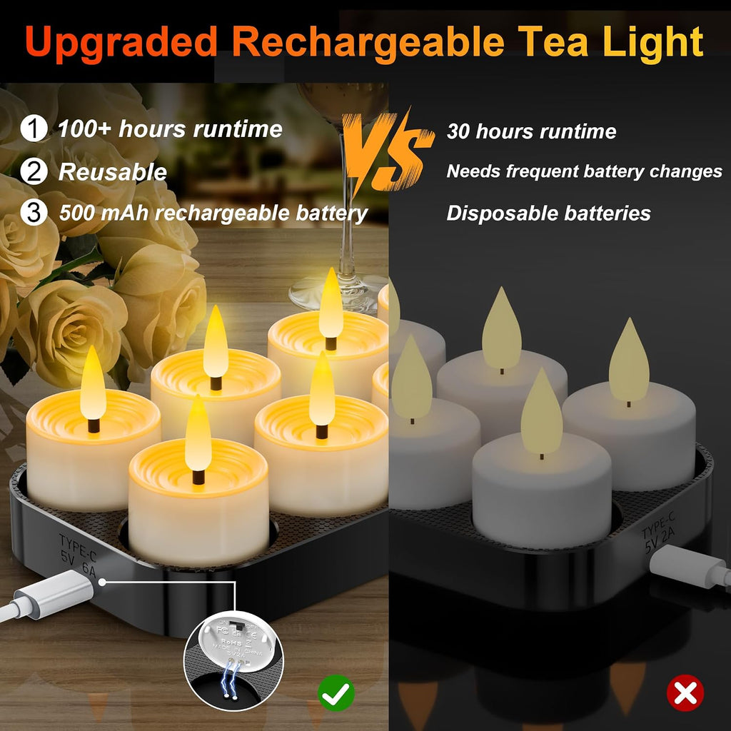 Rechargeable Tea Lights 12 Pack with Remote & Timer, Magnetic Charging Base