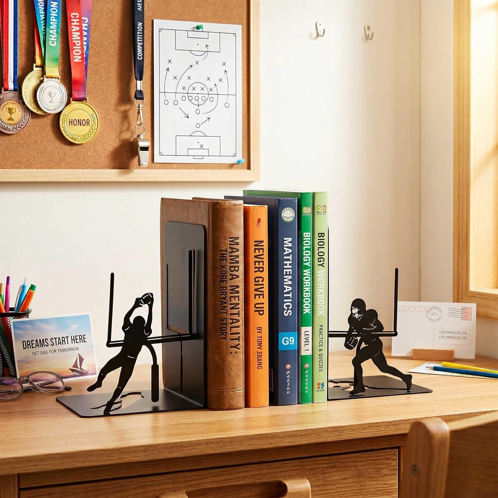 Matte Black Metal Football Bookends – Decorative Sports-Themed Bookends for Boys Room, Man Cave, Office, Game Room, Football Fans, Athlete Gifts, Coach Appreciation, Birthday