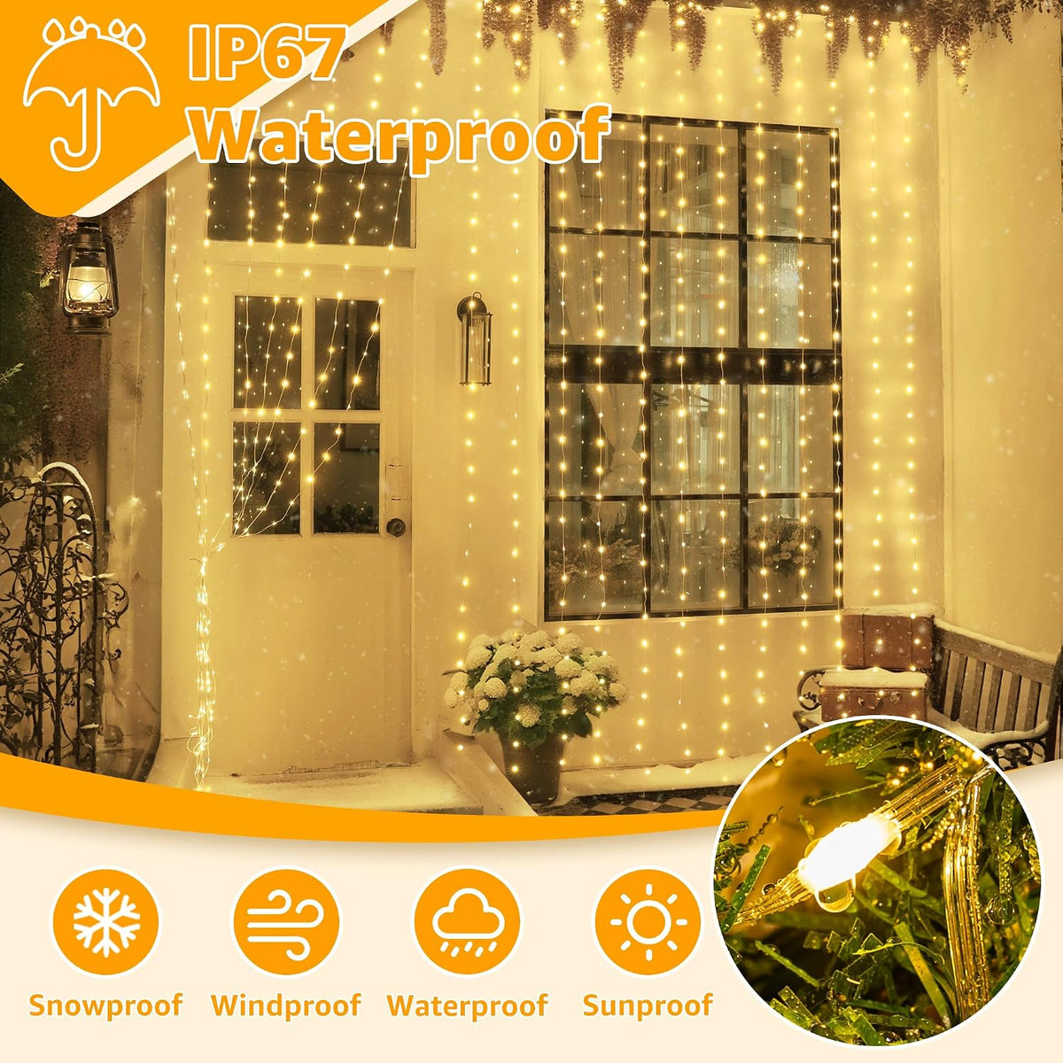 Ollny Curtain Lights 300LED 9.8ftx9.8ft, Connectable IP67 (Warm White)