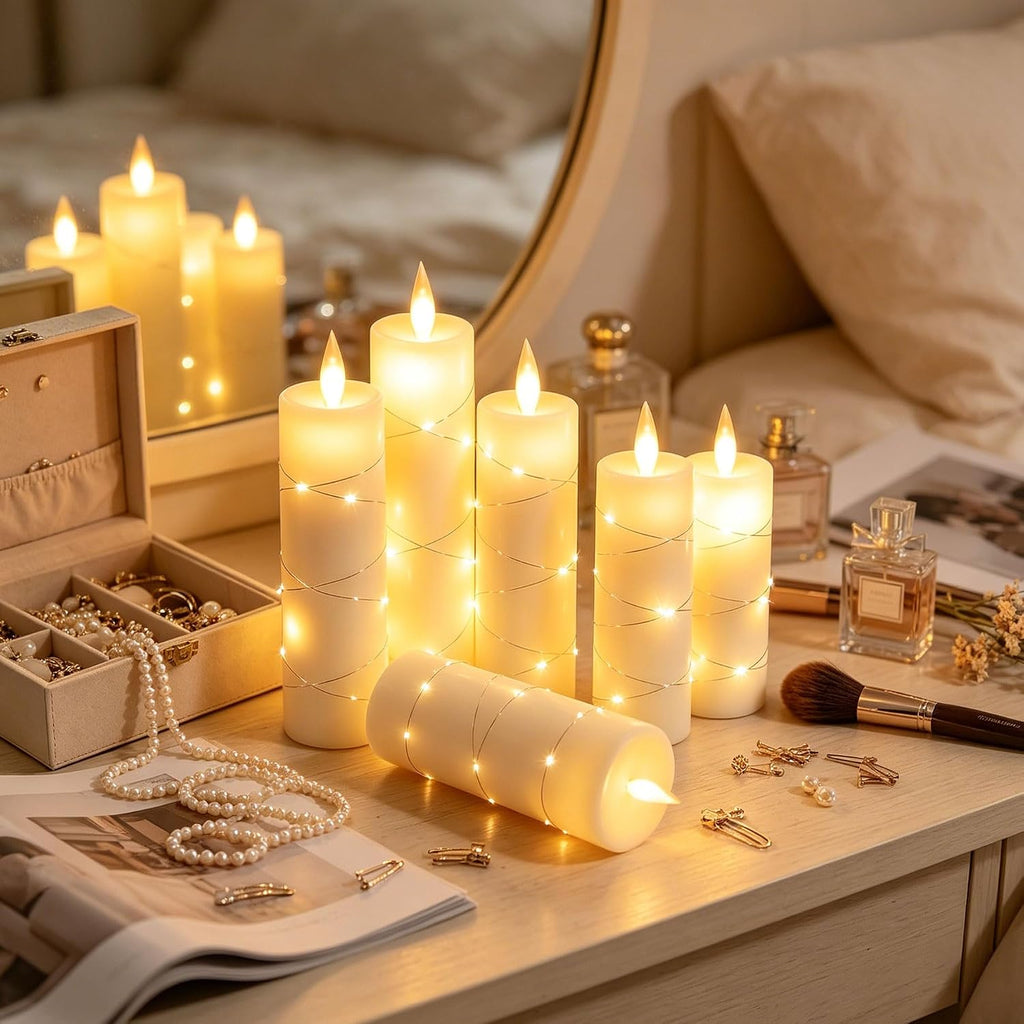 Da by 5 Pack Ivory Real Wax Flameless Taper Candles, Lifelike Flickering LED Flame Candles with Surrounding Fairy String Lights, Battery Candles with Remote for Home Wedding Holiday Decor