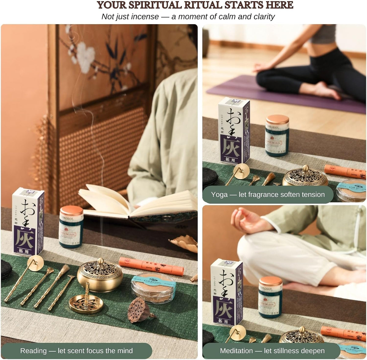 Powder Incense Burner Kit with Brass Censer, Incense Ash Tools and Mold Press Set, Complete Gift Box for Meditation, Yoga and Home Relaxation