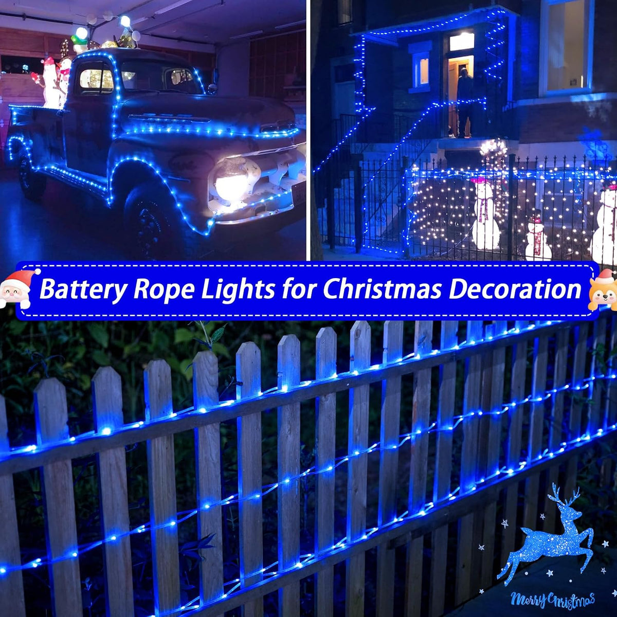 JMEXSUSS 2 Pack Blue Battery Operated Rope Lights Outdoor Waterproof