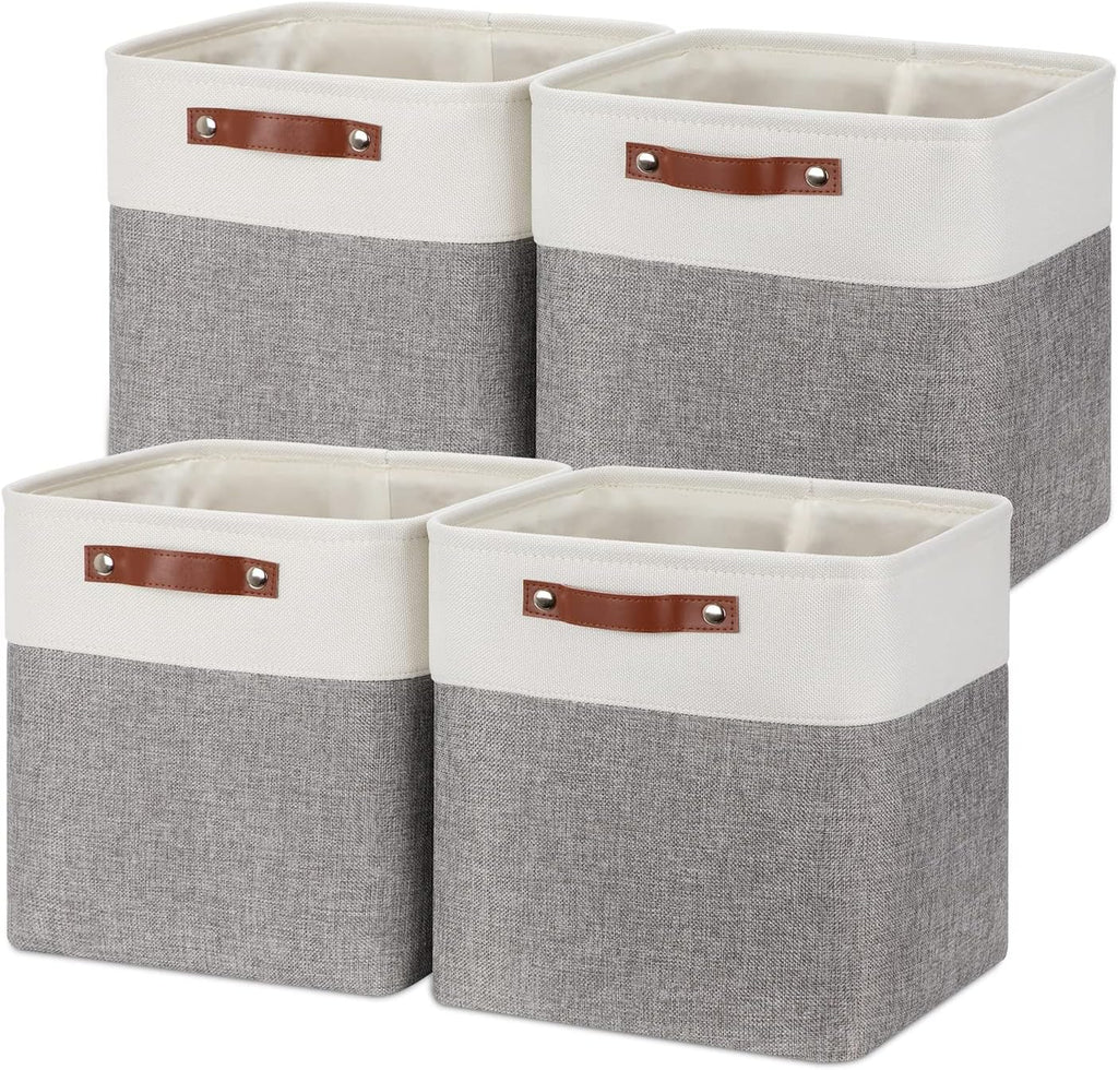 Temary 12 Inch Storage Baskets Foldable Fabric Storage Cubes 4PCs Storage Bins Organizer with Handles, Baskets for Organizing Clothes, Towels (White & Grey, 12 x 12 x 12)