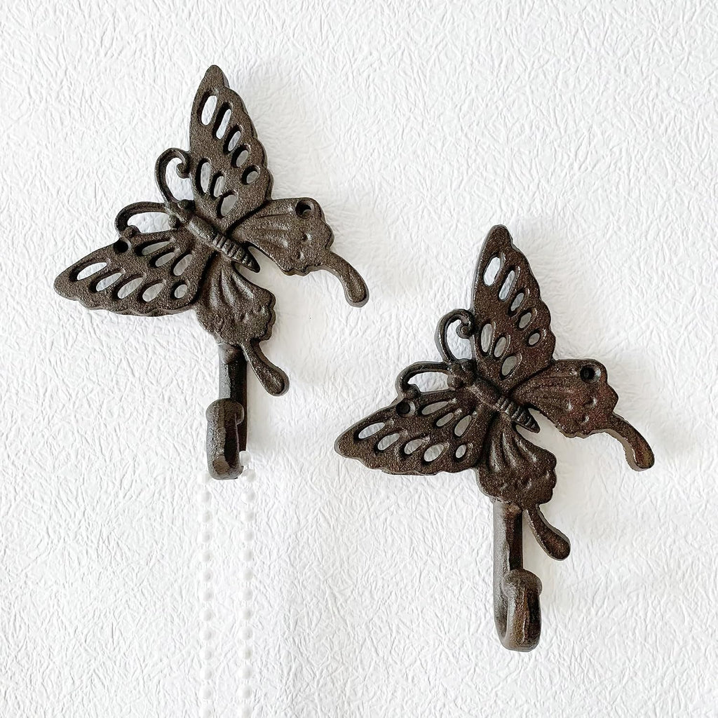 Rustic Butterfly-Shaped Decorative Wall Hook Rack Hangers for Hanging Clothes, Coats, Towels, Keys, and Hats, 2-Pack Antique Cast Iron Mounted Wall Hooks