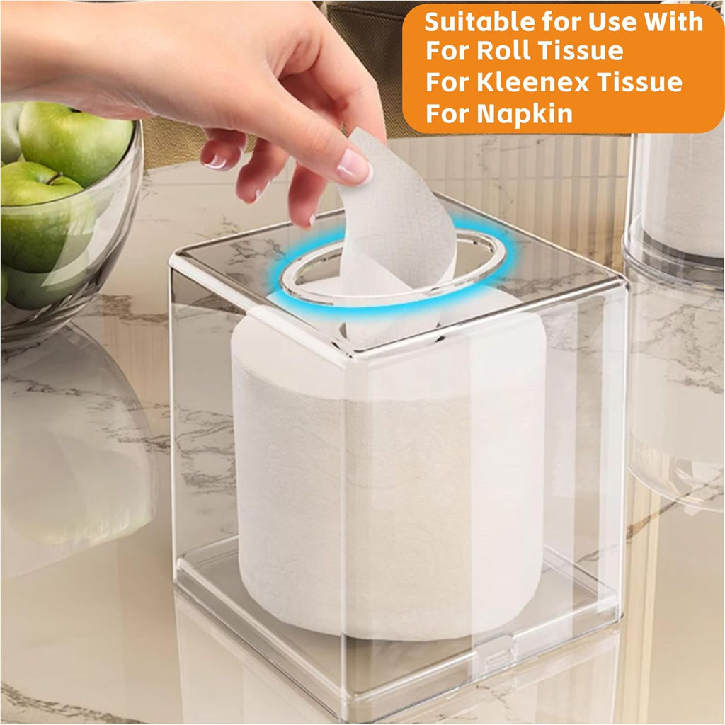 Cq acrylic Tissue Box Holder,Clear Square Tissue Box Cover for Kleenex Tissue Cube Box,Plastic Roll Tissue,Napkin,Facial Tissue Dispenser Box Case for Countertop,Bathroom,Kitchen,Home,Office,5.5 Inch