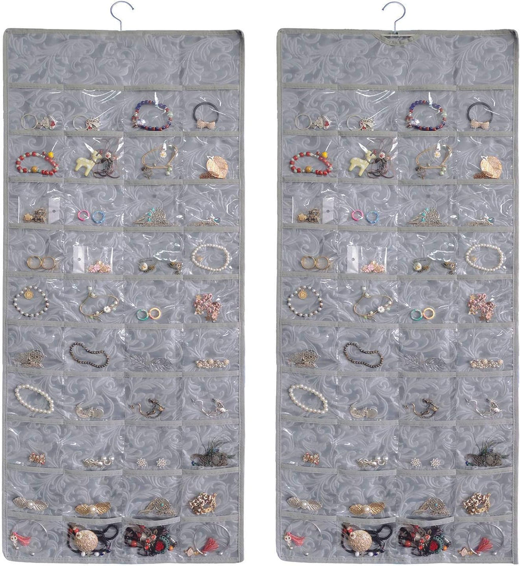 BB Brotrade Hanging Jewelry Organizer,Double Sided Jewelry Storage Organizer with Embossed Pattern,80 Clear PVC Pockets Organizer for Holding Jewelries (Grey)