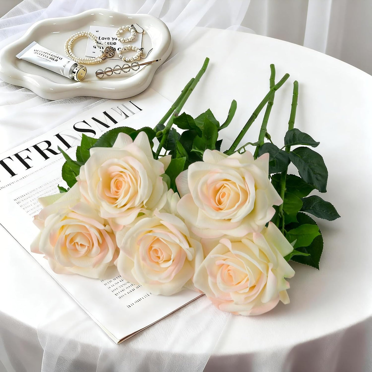Real Touch Artificial Roses, 5Pcs Light Champagne Faux Silk Flowers