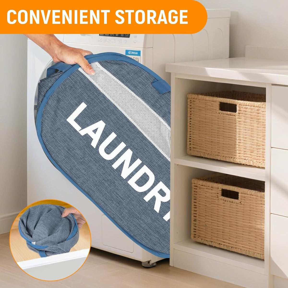 Collapsible Laundry Baskets with Lid, Foldable Clothes Hamper with Reinforced Handles, Sturdy Pop Up Hampers for Laundry, Tear Proof & Easy to Carry Laundry Hamper for Home, Dorm, Travel Blue