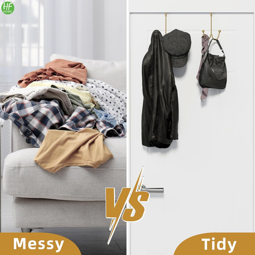 HFHOME 2Packs Over The Door Double Hanger Hooks, Metal Twin Hooks Organizer for Hanging Coats, Hats, Robes, Towels- Gold