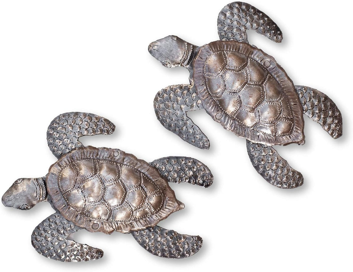 It's Cactus Sea Turtles, Beach Metal Art, Set of 2, Nautical Wall Hanging Figurines Home Decoration, Under the Sea Marine Life Animals, Handmade in Haiti 6 x 7.75 Inches Haitian Metal Plaques
