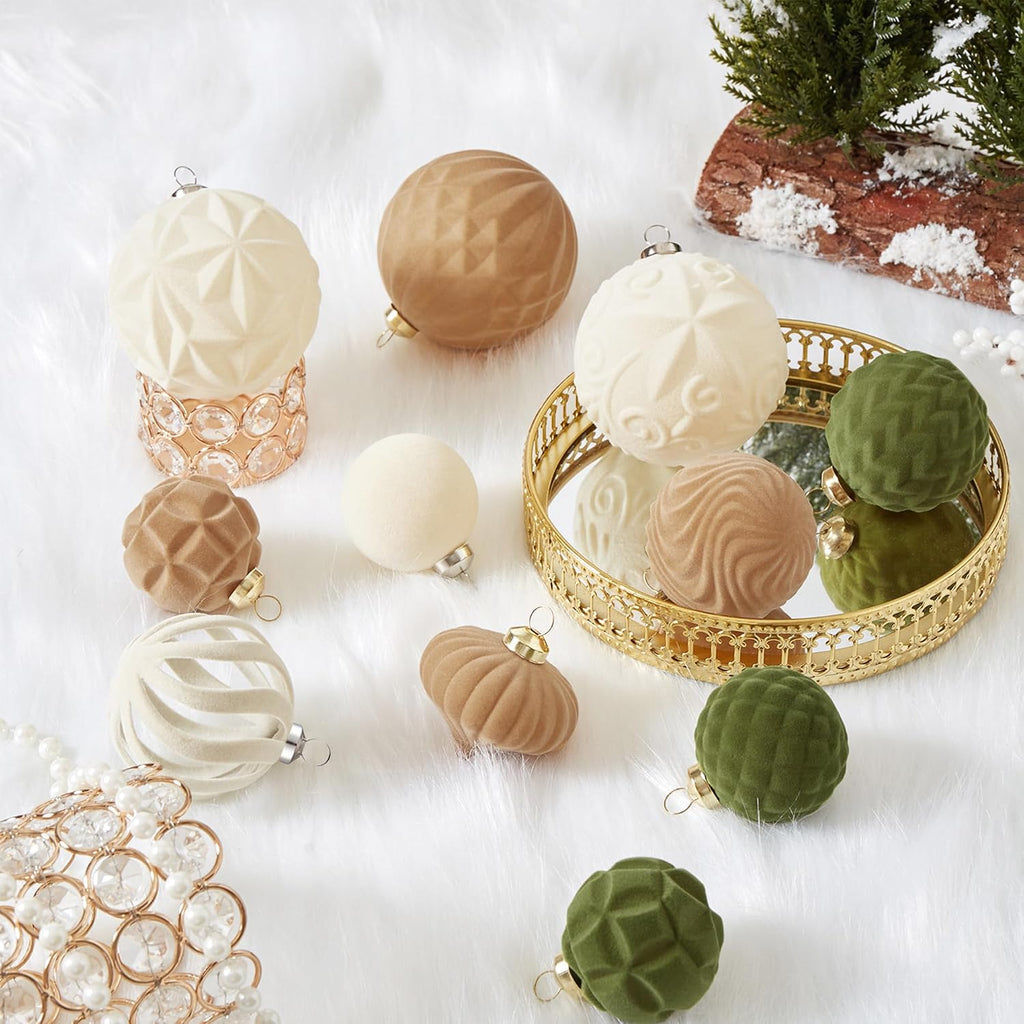 30pcs Velvet Christmas Ball Ornaments, Flocked Shatterproof Christmas Ornaments Hanging Xmas Tree Decorations Set for Home Party Holiday Decor (Multi-Size, Brown-Green-Cream)