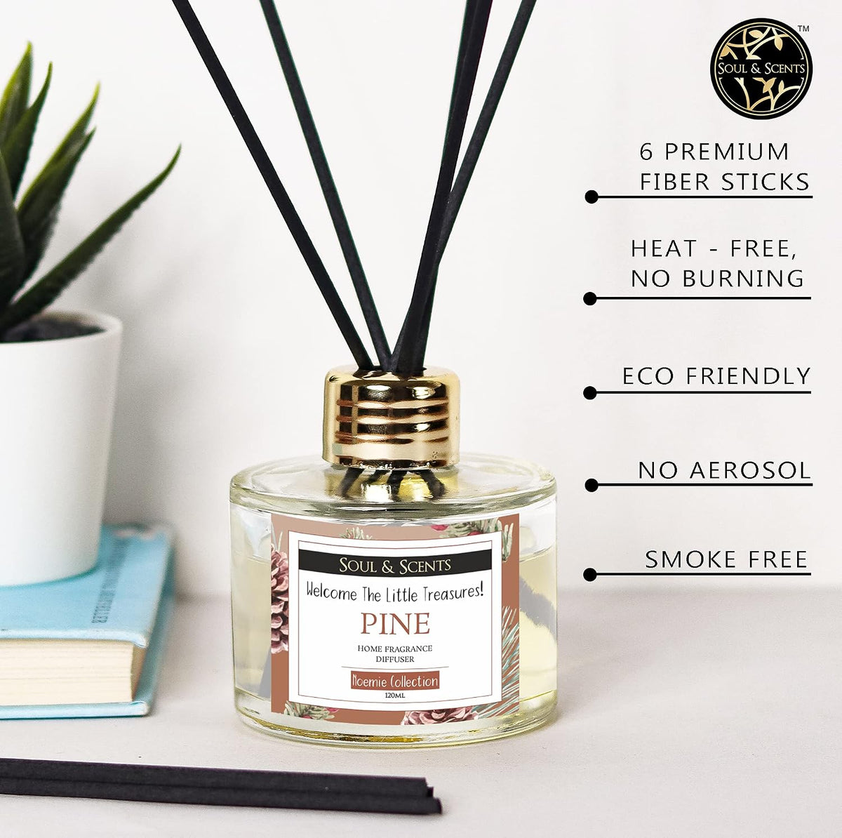 Soul & Scents Pine Scented 4.06 oz (120ml) Reed Diffuser Set with 6 Fiber Sticks for Room Decor | Home Fragrance Reed Diffuser | Air Freshners for Home