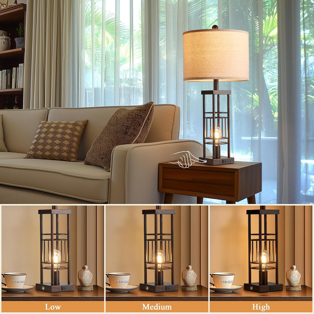Reaketon Table Lamp for Living Room Set of 2 with USB Charging Ports, 3-Way Dimmable 27.6" Farmhouse Lamps for Bedroom, Rustic Bedside Lamp, Industrial Nightstand Lamps, Bulbs Included