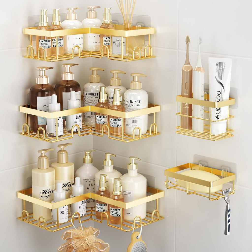 Liuoud Corner Shower Caddy, 5 Pack Adhesive Stainless Steel Organizer, Gold