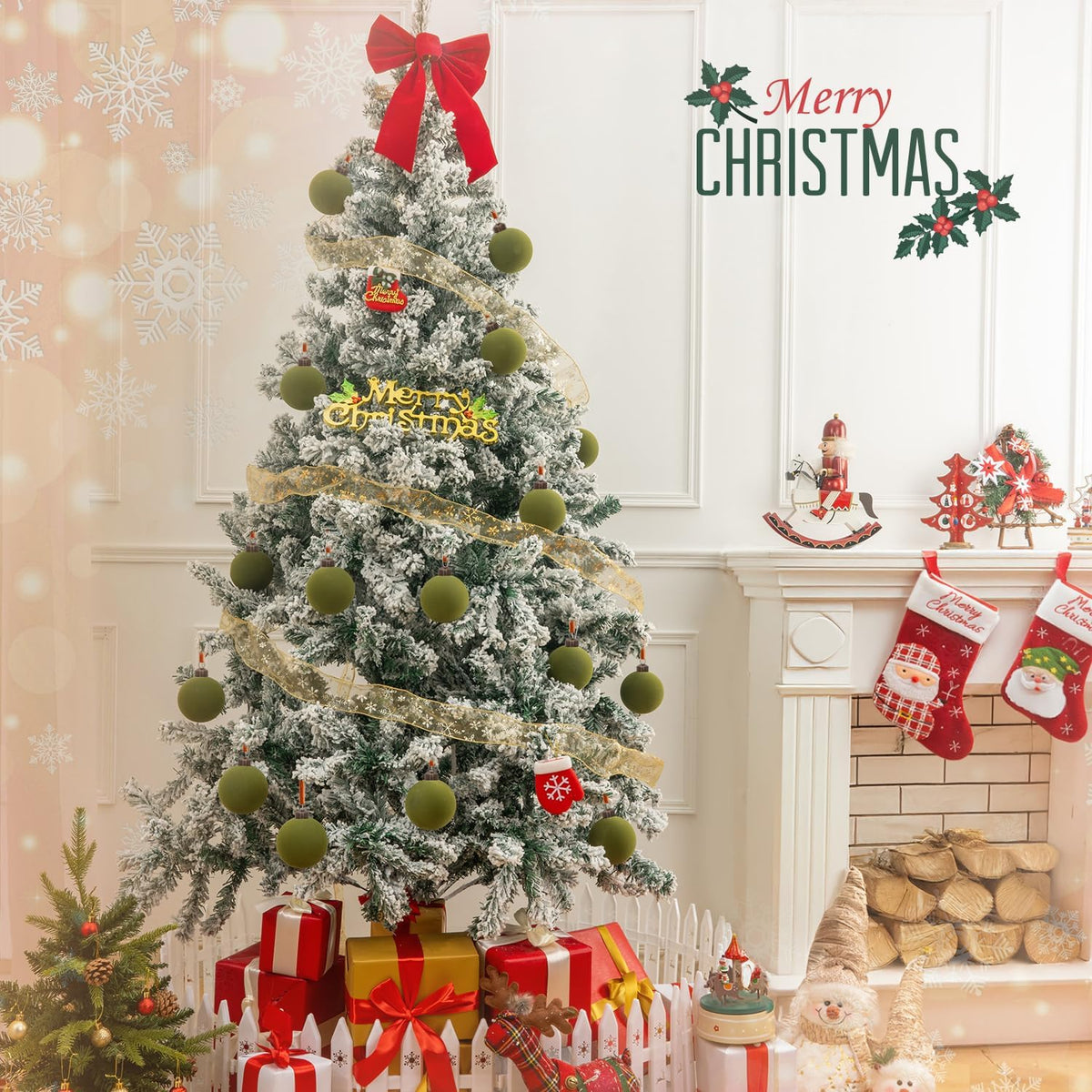 3.15" Green Velvet Christmas Ball Ornaments Set, 16 pcs Flocked Moss Green Xmas Tree Decoration, Large Shatterproof Decorative Hanging Balls for Party Holiday Wreath Garland Home Décor