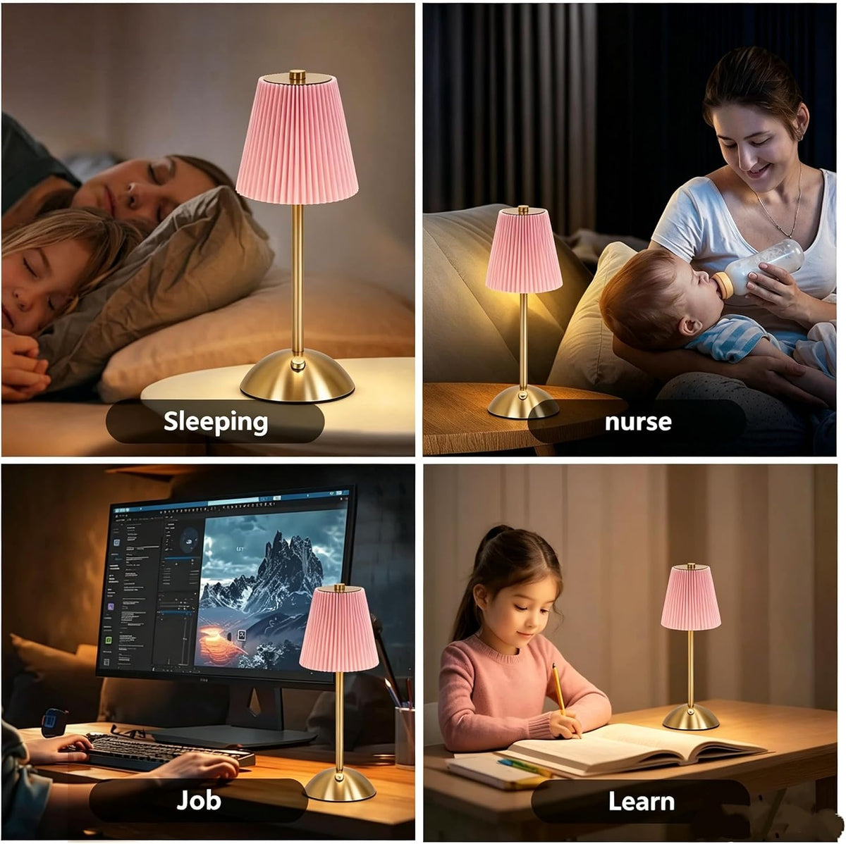 Pink Table Lamps, Battery Operated Cordless Desk Lamp, 3 ColorDimming, Rechargrable LED Lamp,Fabric Lamps, Vintage Aesthetic Lamp for Bedside, Living Room, Home Decor (Gold+Pink)
