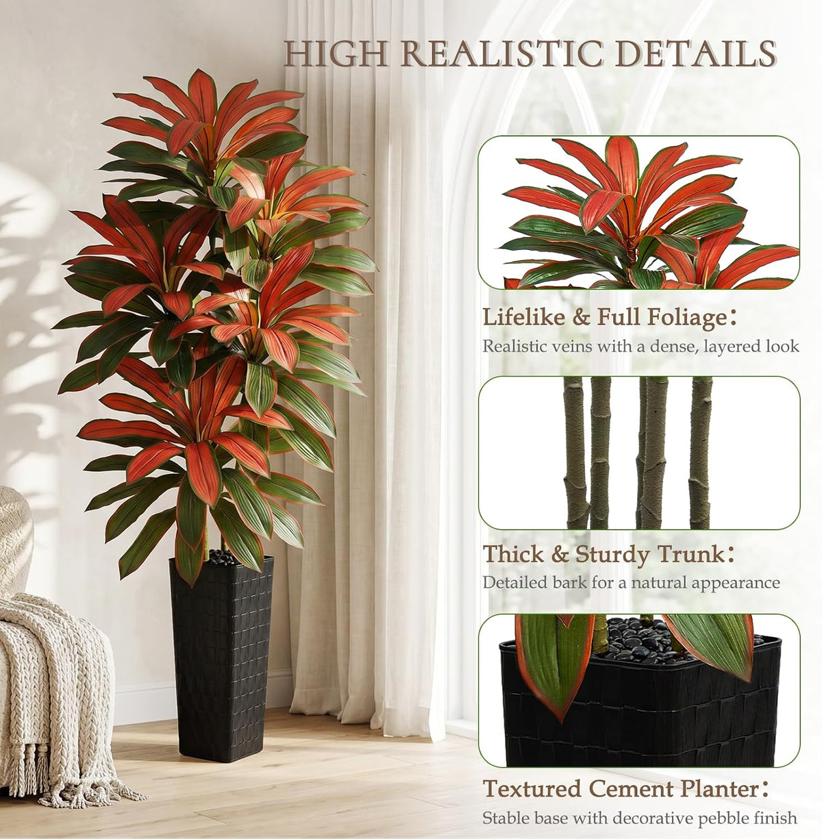 Artificial Red Dracaena Tree 7FT - Fake Tree with Black Tall Planter