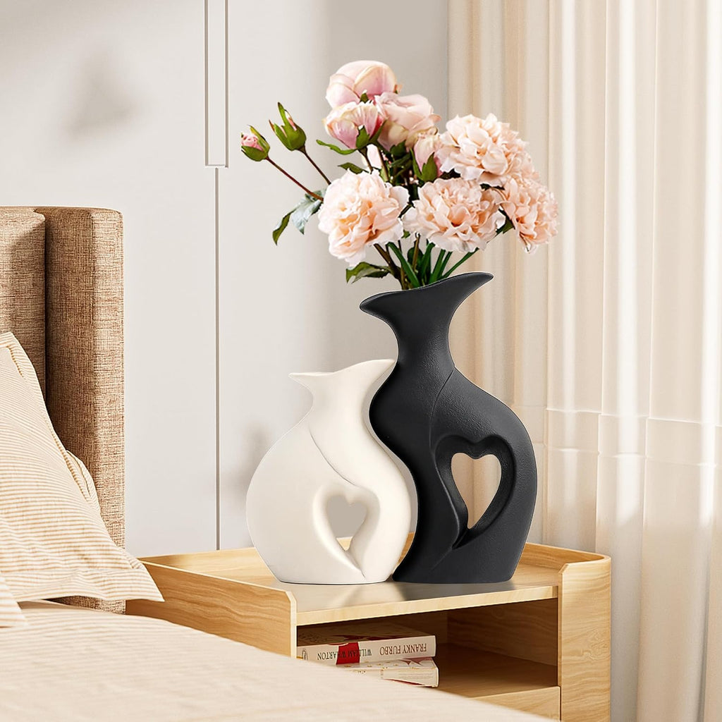 XL Black and White Decor Heart Shaped Ceramic Flower Vase Set of 2