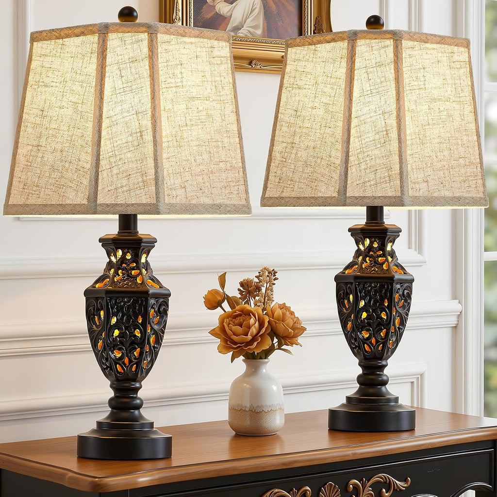 EJIAXIN Lamps for Night Stands Set of 2-23.5" Vintage Bedside Lamp with USB A+C and Nightlight - Black Retro Carved Resin Farmhouse Table Lamp for Bedrooms, End Tables, Living Room, Bulbs Included