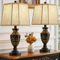 EJIAXIN Lamps for Night Stands Set of 2-23.5" Vintage Bedside Lamp with USB A+C and Nightlight - Black Retro Carved Resin Farmhouse Table Lamp for Bedrooms, End Tables, Living Room, Bulbs Included