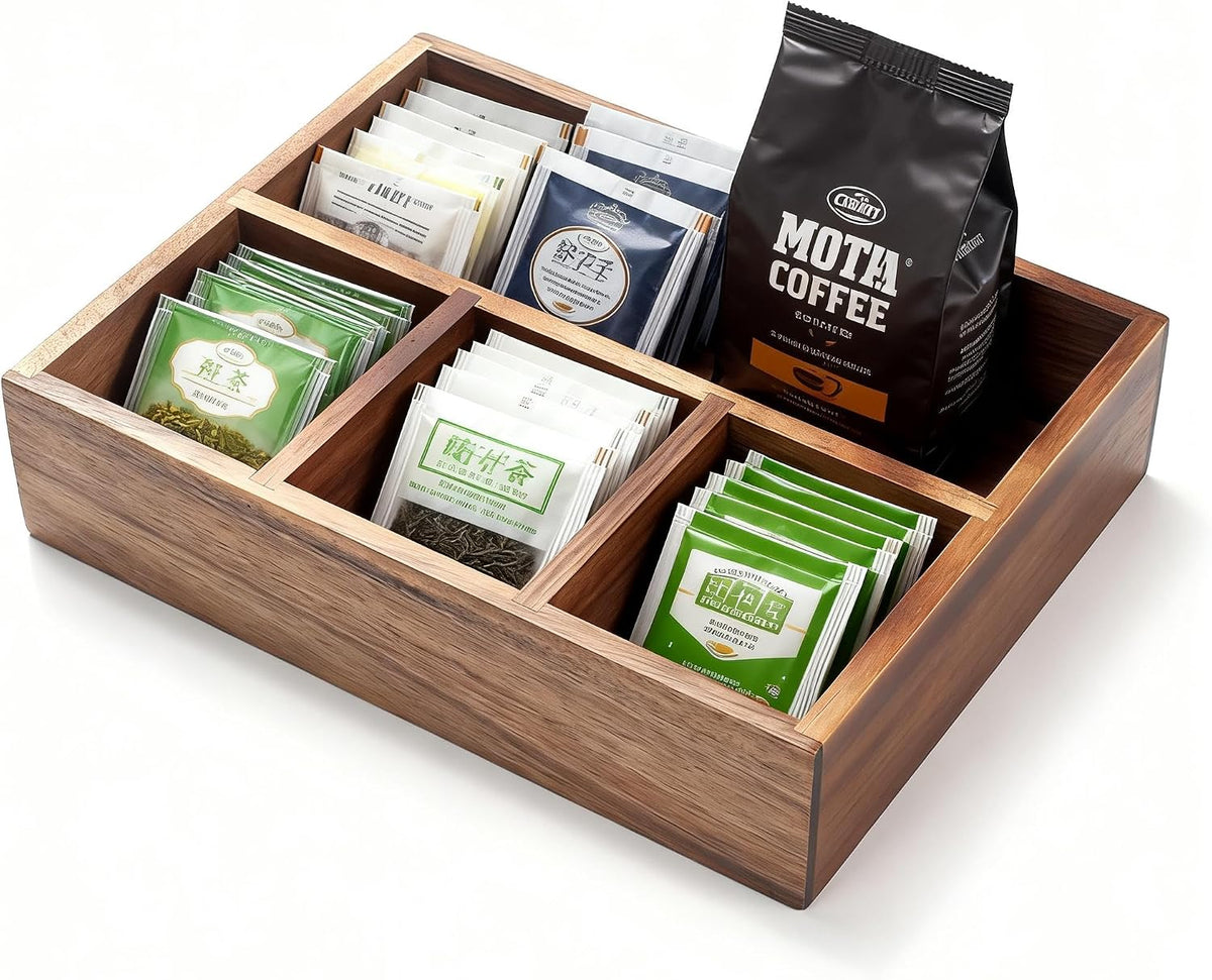 XIMISISE Tea Bag Holder, Acacia Wood Tea Bag Storage Organizer, Tea Candy Basket, Sugar Packet Organizer, Coffee Station Condiment Organizer (Pack of 2)