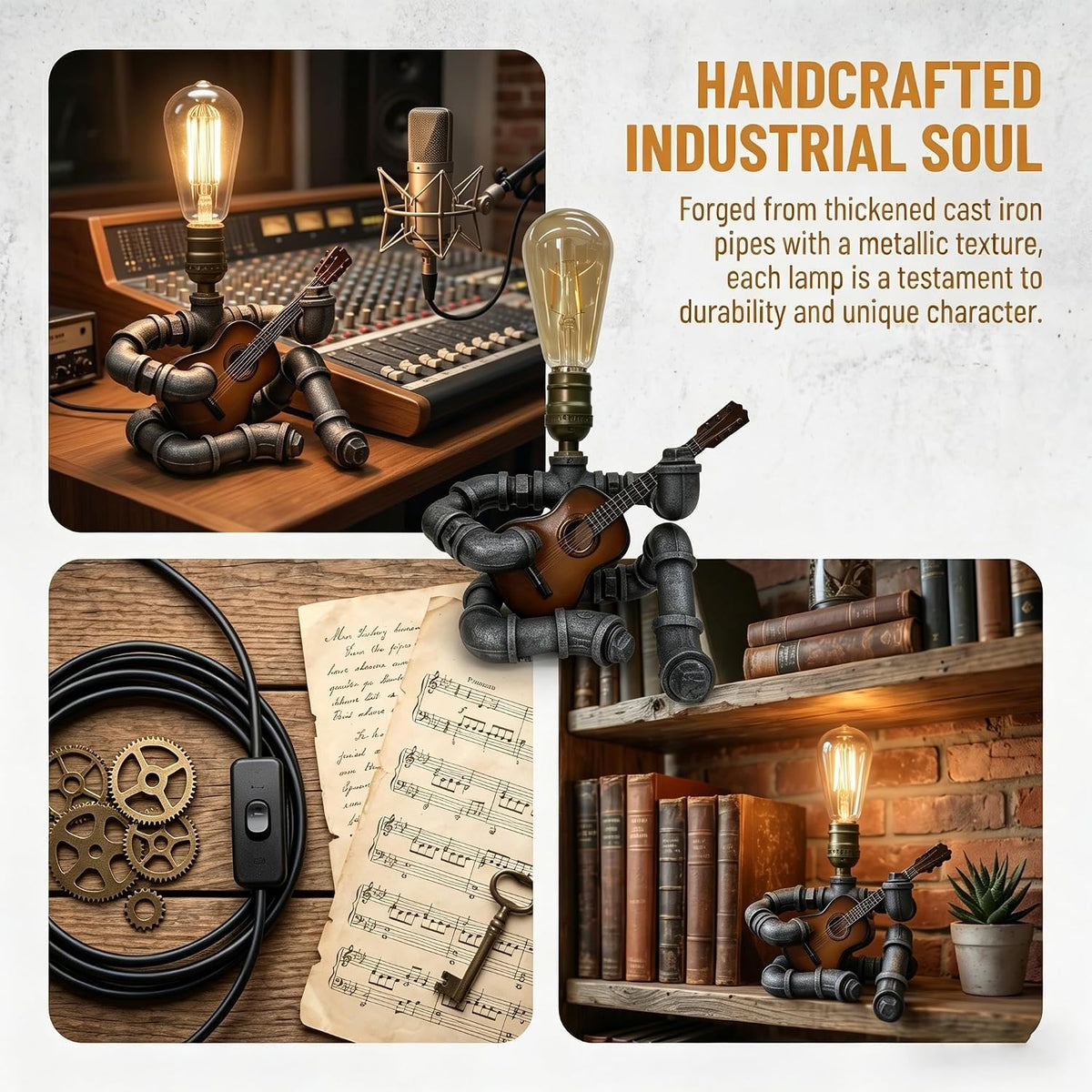 Music Guitar Table Lamp,Guitar Stuff,Cool Gifts for Music Lovers,Players for Men Gift,Steampunk lamp,Metallica (Coffee)