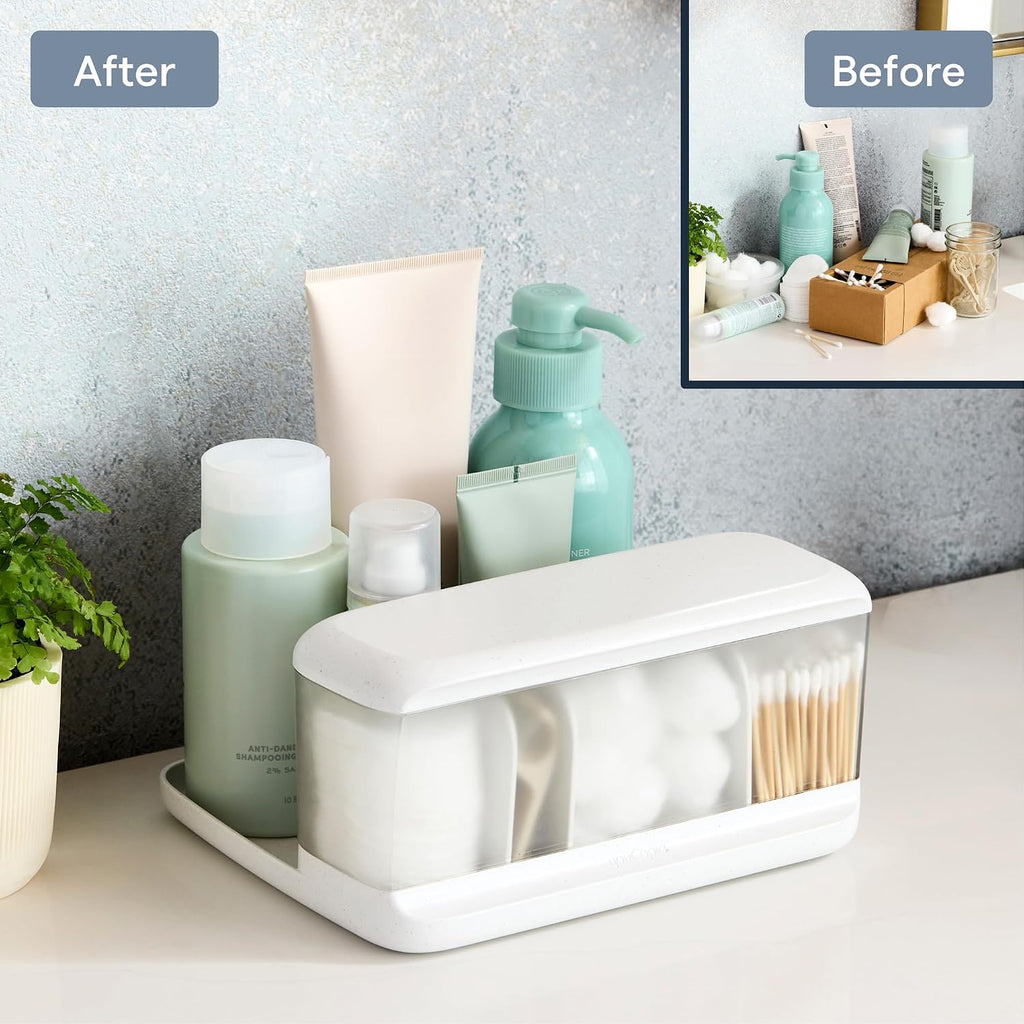 YouCopia HideAway Counter Caddy, Bathroom Vanity Countertop Organizer Tray with Adjustable Dividers and Lid
