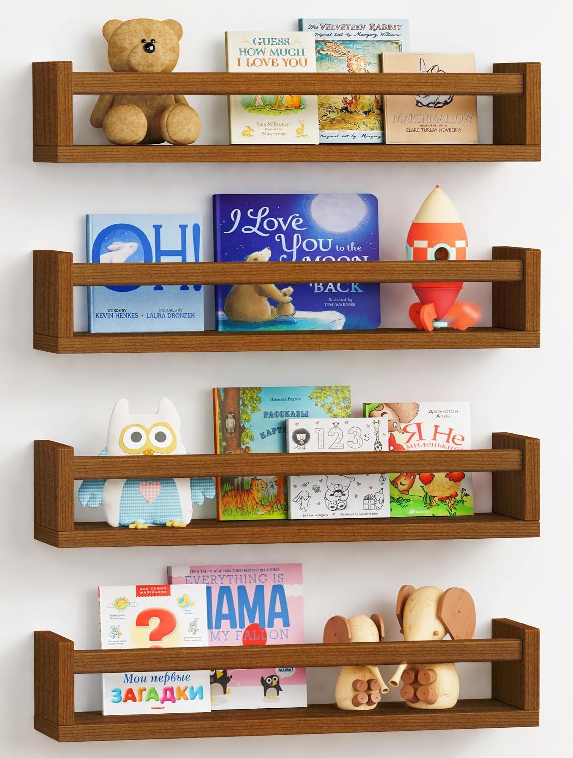 Forbena Nursery Floating Book Shelves, Walnut Brown Wall Bookshelf for Kids