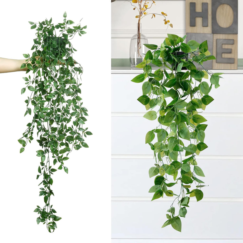 Sggvecsy Fake Hanging Plants 4 Pack Artificial Hanging Eucalyptus Plants Fake Potted Greenery Faux Eucalyptus Mandala Vine Ivy Vine Leaves Pea Pod for Home Indoor Outdoor Wall Garden Decor