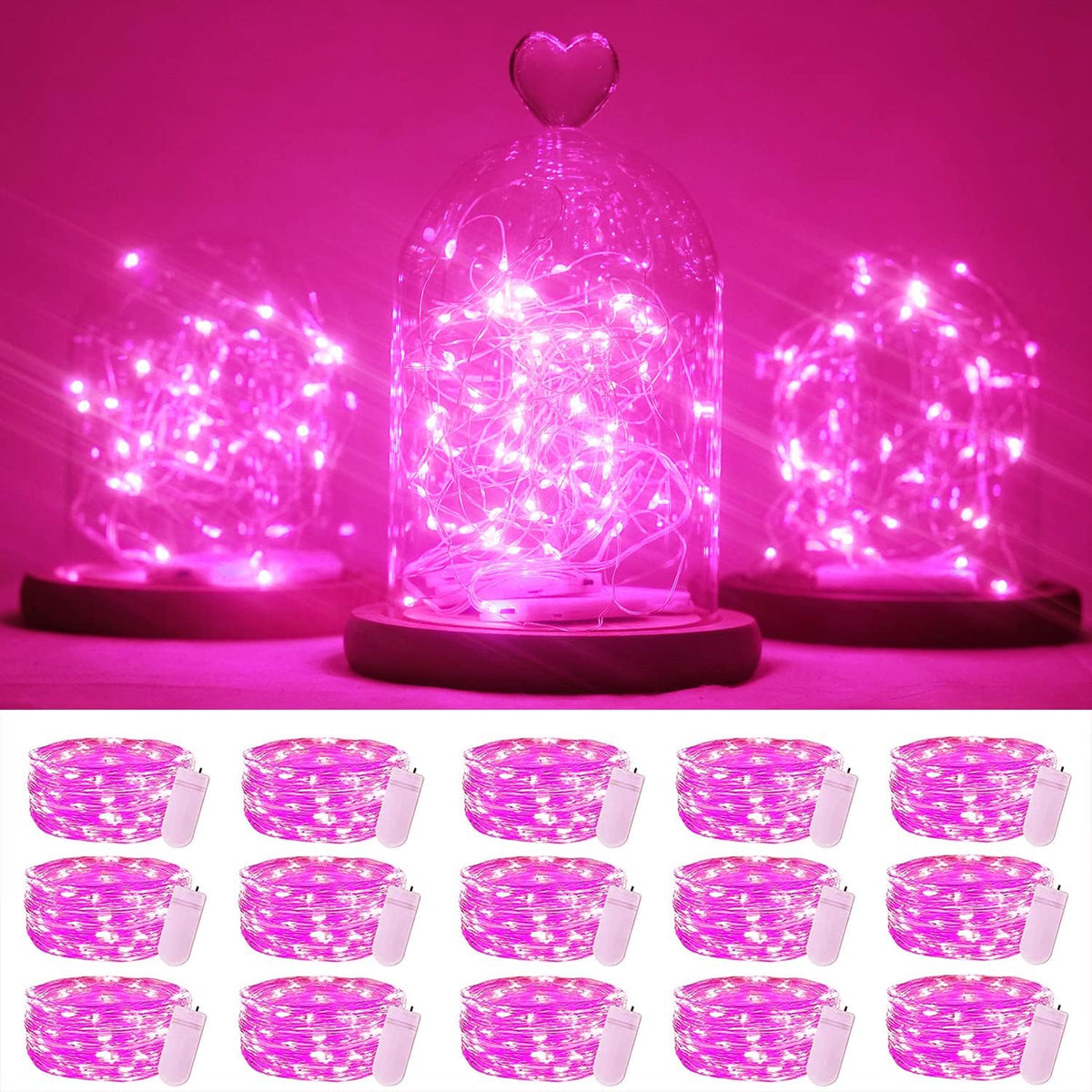 SmilingTown 15 Packs 20 Led Pink Fairy String Lights Battery Operated 6.6ft Silver Wire Firefly Starry Lights Waterproof for Bedroom DIY Table Bottle Wedding Valentine's Day Party Decor