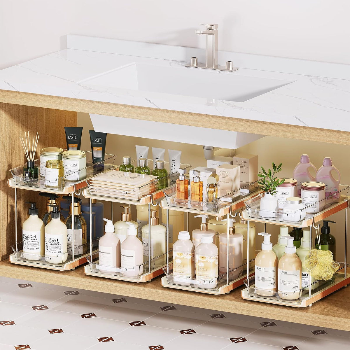 Delamu 2 Tier Under Sink Organizer Bathroom, Bathroom Cabinet Organizer with Snap-Lock Design and Hooks, Pull Out Storage with Movable Dividers, for Countertop, Kitchen and Pantry (White, 4 Pack)