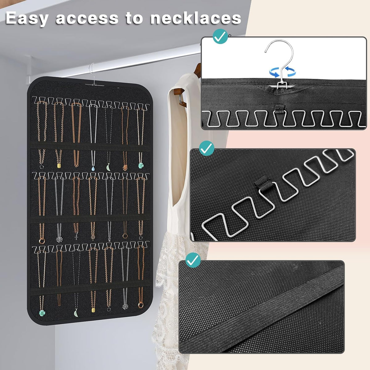 Double-Sided Hanging Jewelry Organizer for Necklaces Earrings, 2-Pack Black