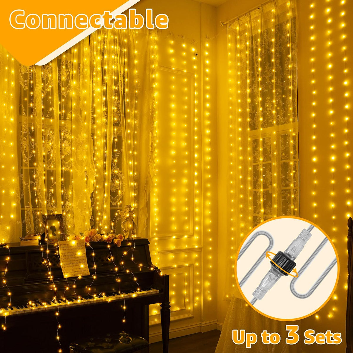 Ollny Curtain Lights 300LED 9.8ftx9.8ft, Connectable IP67 (Warm White)