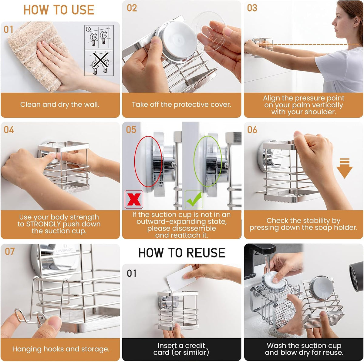 LEVERLOC Powerful Suction Cup Stainless Steel Toothbrush Holders, Silver