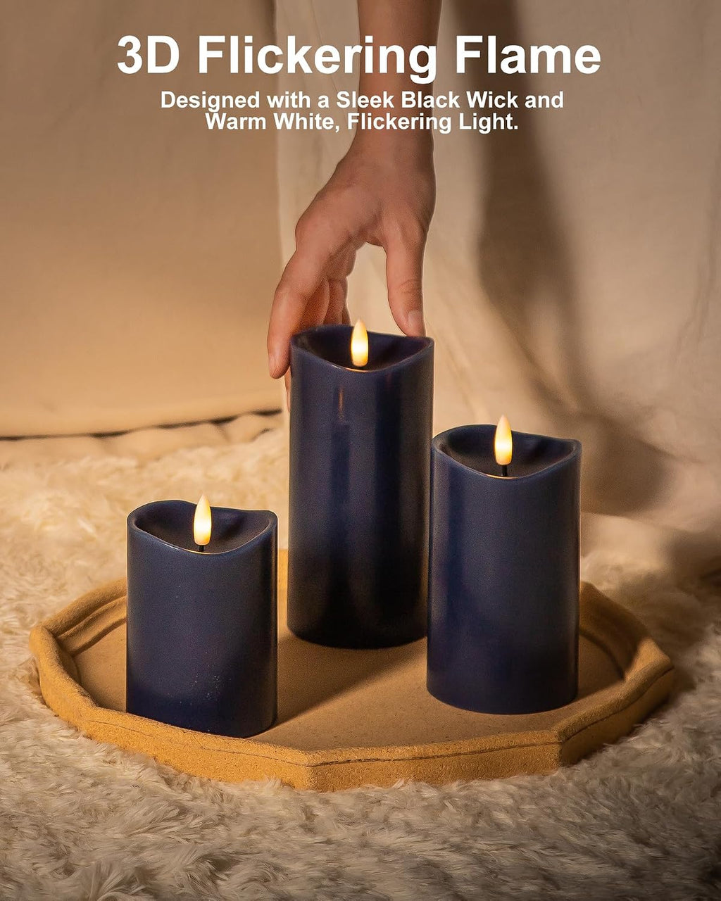 Navy Blue Real Wax Flameless Pillar Candles with Remote and Timer, Set of 3