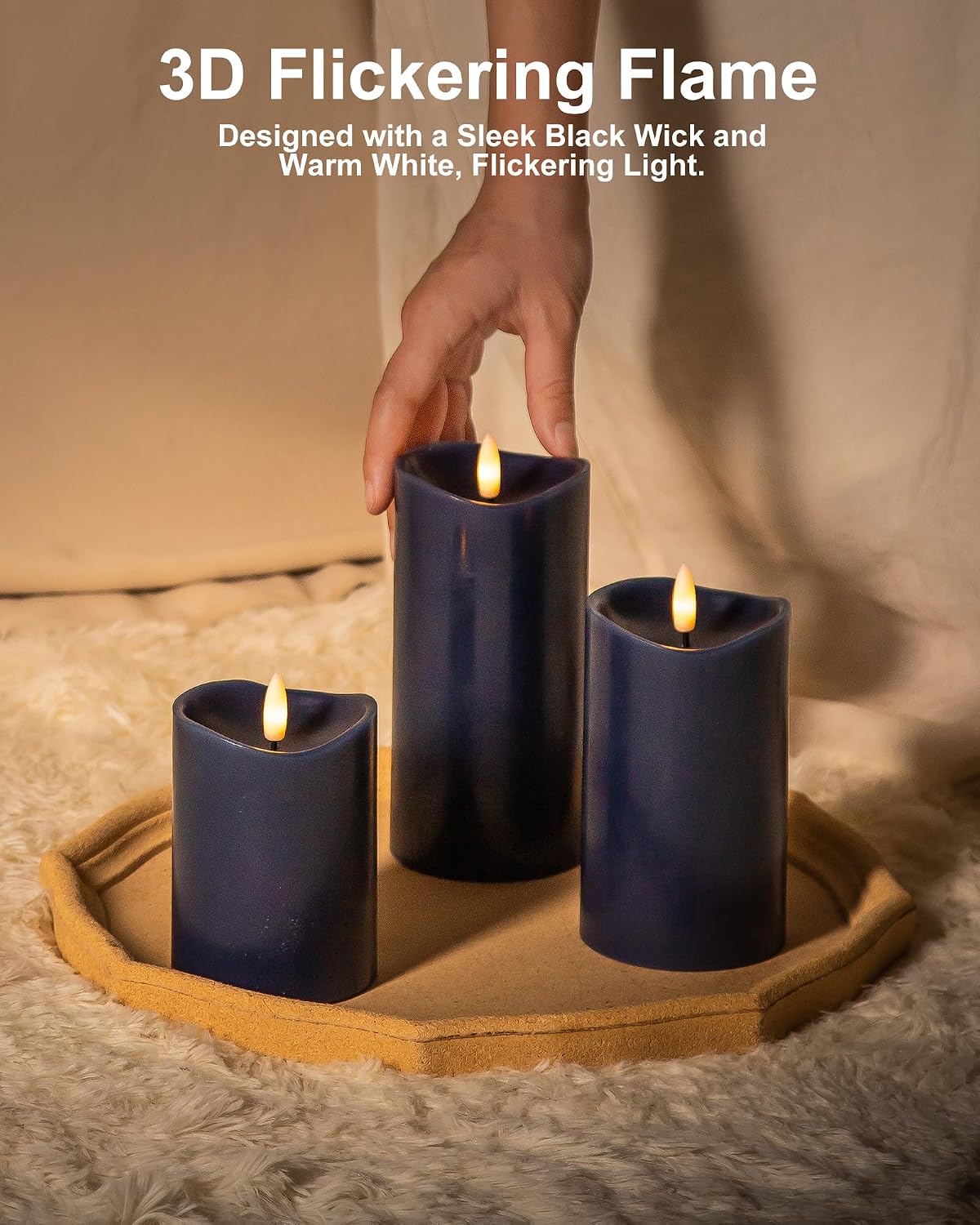 Navy Blue Real Wax Flameless Pillar Candles with Remote and Timer, Set of 3