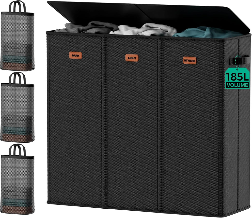 185L Laundry Hamper 3 Section with Lid & Removable Bags